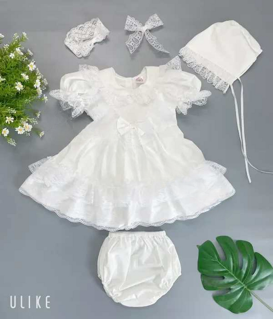 POLLY WHITE LACE DRESS, BONNET, BLOOMERS & HAIR BOW OUTFIT